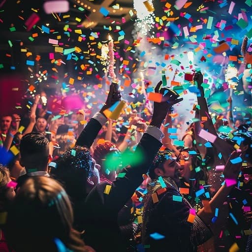 Tamu berpesta di bawah hujan confetti
